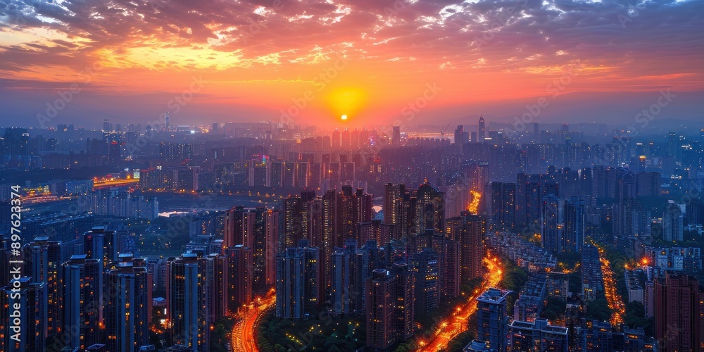 Obraz premium A breathtaking sunrise illuminates a cityscape, with a vast expanse of buildings extending into the distance
