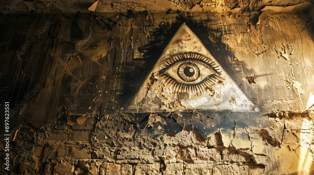 The Illuminati triangle and eye symbol painted on an old, crumbling wall in a hidden underground room.
