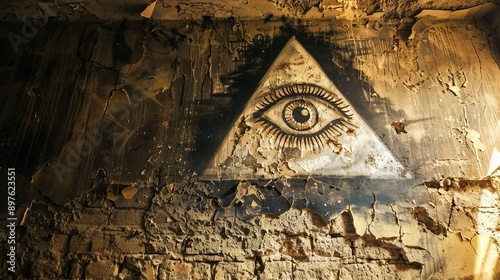 The Illuminati triangle and eye symbol painted on an old, crumbling wall in a hidden underground room.