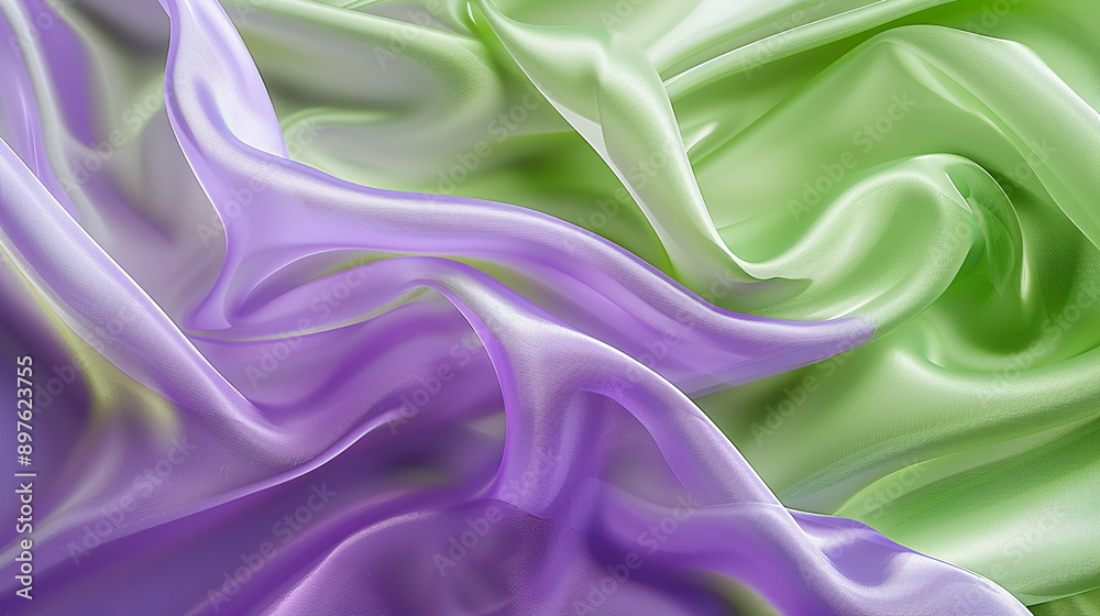 Obraz premium Close-up of flowing purple and green fabric, creating a delicate and smooth wave pattern, suitable for backgrounds and design concepts.