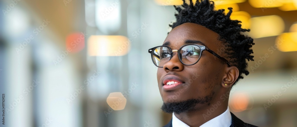 A young Black man, wearing glasses and a suit, looks upwards in an office setting A young Black man, wearing glasses and a suit, looks upwards in an office setting