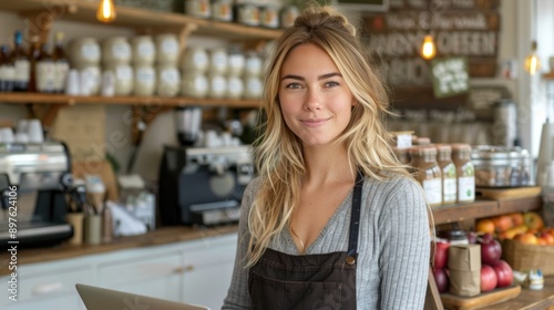 A young woman stands behind the counter at a coffee shop
