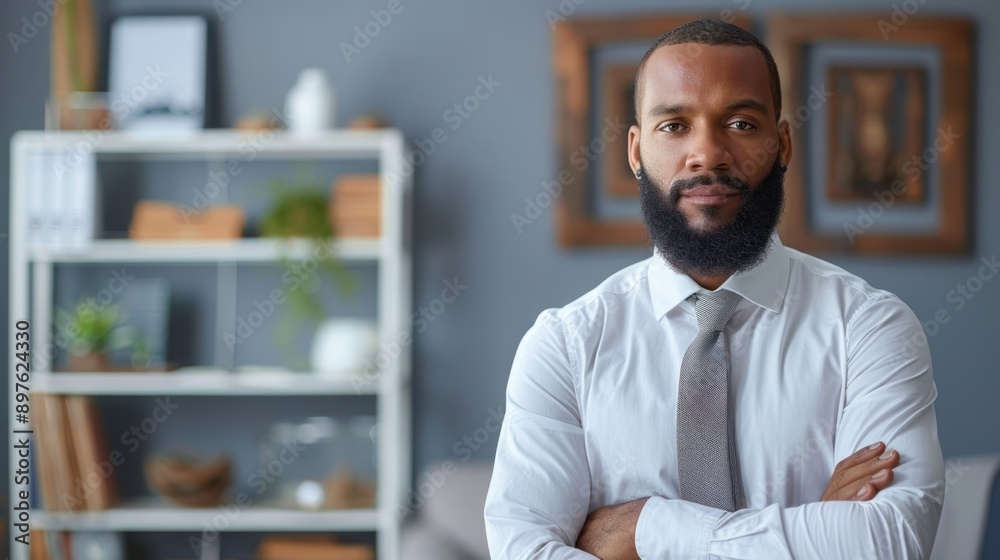 A man in a white dress shirt and tie stands with his arms crossed in a modern office A man in a white dress shirt and tie stands with his arms crossed in a modern office
