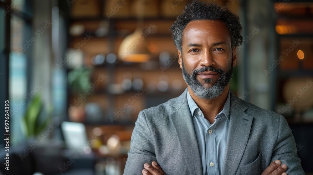 A man with grey hair and beard stands in a cafe, arms crossed, looking directly at the camera A man with grey hair and beard stands in a cafe, arms crossed, looking directly at the camera