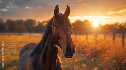 A brown horse stands in a field of tall grass, with the sun setting behind it, casting a golden glow over the scene