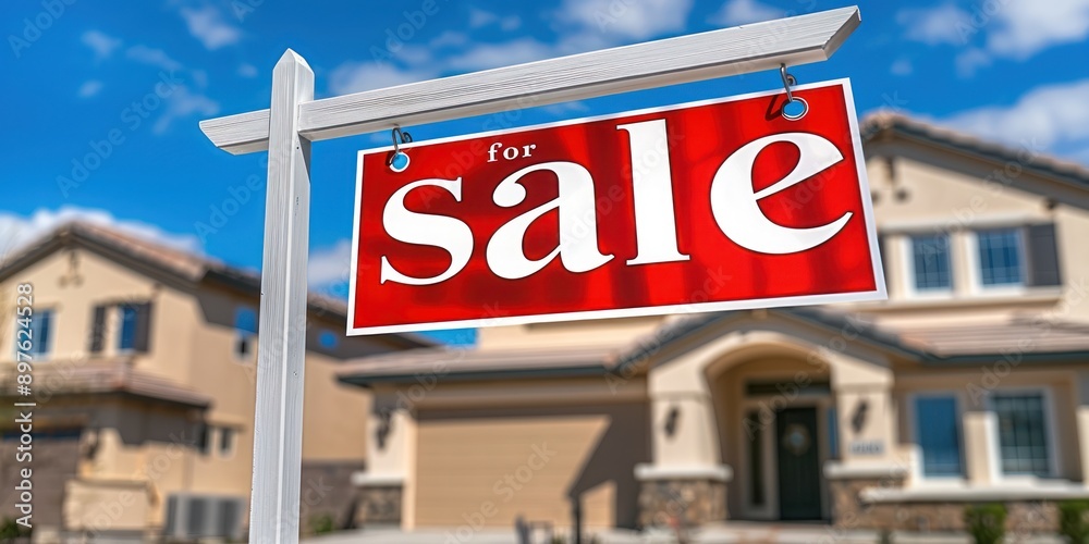 A red and white For Sale sign hangs from a post in front of a suburban home on a bright sunny day A red and white For Sale sign hangs from a post in front of a suburban home on a bright sunny day