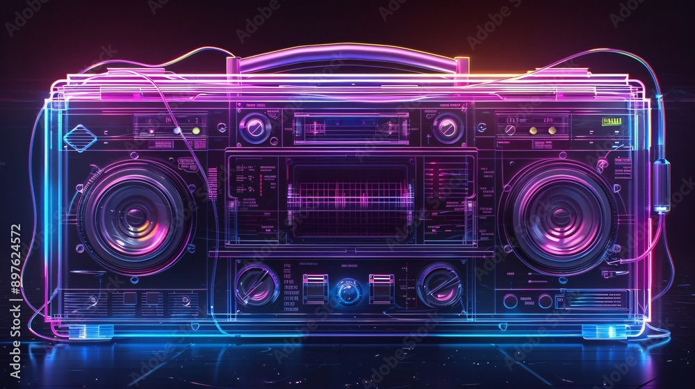 Fototapeta premium A transparent boombox with glowing neon outlines and wires, standing on a reflective surface