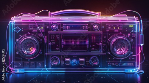 A transparent boombox with glowing neon outlines and wires, standing on a reflective surface
