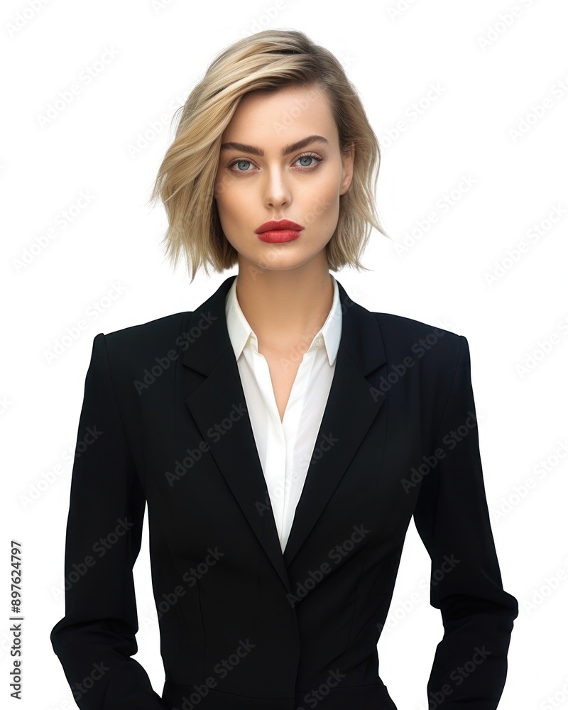 A woman with blonde hair is wearing a black blazer and white shirt A woman with blonde hair is wearing a black blazer and white shirt