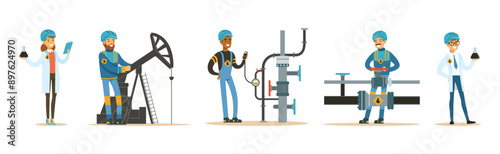 Oil Industry Man Worker Character in Uniform Vector Set