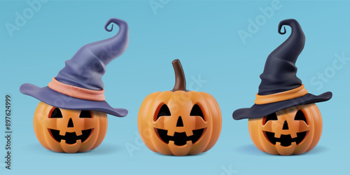 Halloween pumpkin characters in pointy wizard hats. Creepy 3d laughing face, helloween jack lantern in wizard cap. Cute party costume, orange happy scary spooky gourd, plastic cartoon realistic render