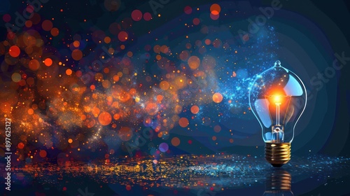 A bright light bulb is lit in the center of a dark blue background with orange bokeh photo