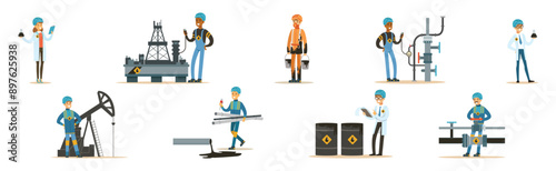 Oil Industry Man Worker Character in Uniform Vector Set