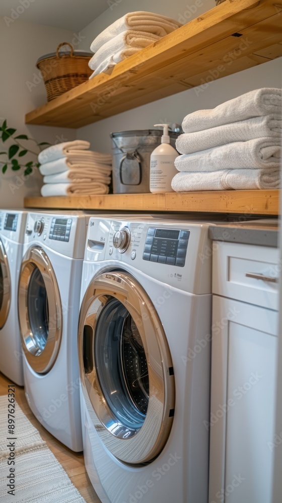 A modern laundry room featuring quality appliances, neatly folded towels, and a cozy decor, perfect for home improvement visuals.