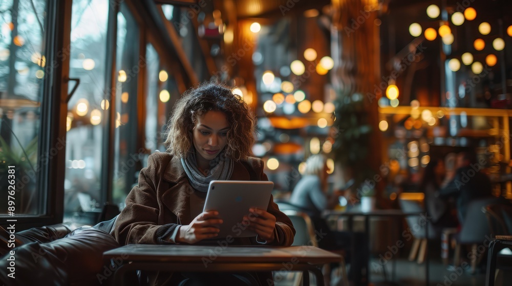 A woman enjoys a cozy ambiance in a cafe while using a tablet, surrounded by warm lights and comfortable seating. A woman enjoys a cozy ambiance in a cafe while using a tablet, surrounded by warm lights and comfortable seating.