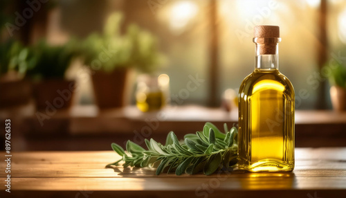 Luxurious olive oil bottle with gold cap on wooden table, fresh green herbs. Flavorful food dressing