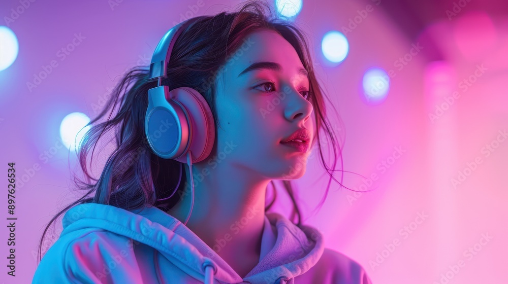 Young woman enjoying music with headphones, illuminated by vibrant neon lights, capturing a moment of relaxation and focus. Young woman enjoying music with headphones, illuminated by vibrant neon lights, capturing a moment of relaxation and focus.