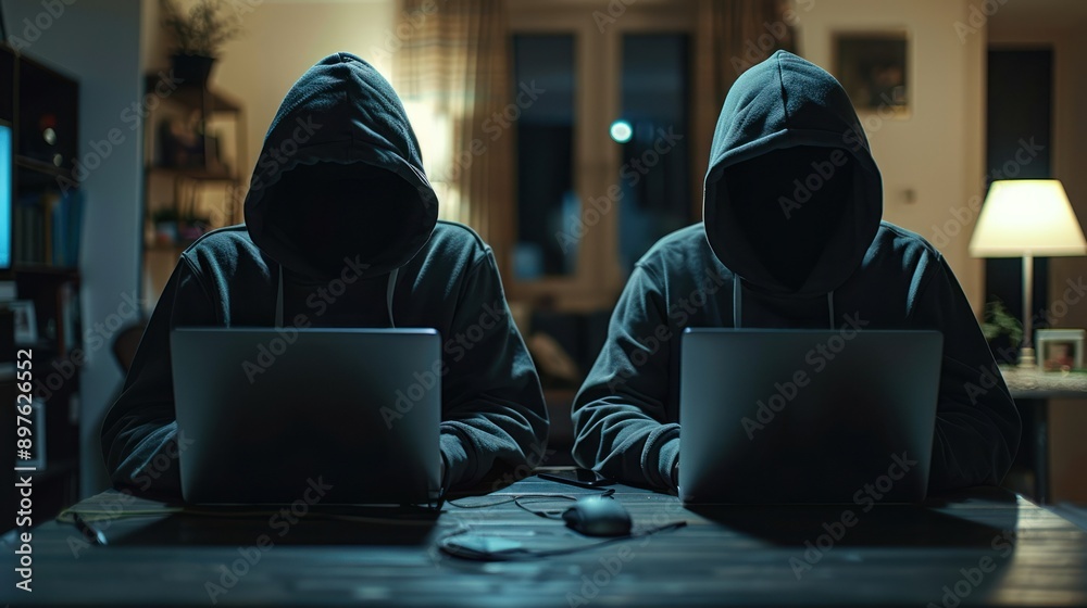 Two hooded figures in a dark room, focused on their laptops, symbolizing mystery and cyber activity. Two hooded figures in a dark room, focused on their laptops, symbolizing mystery and cyber activity.