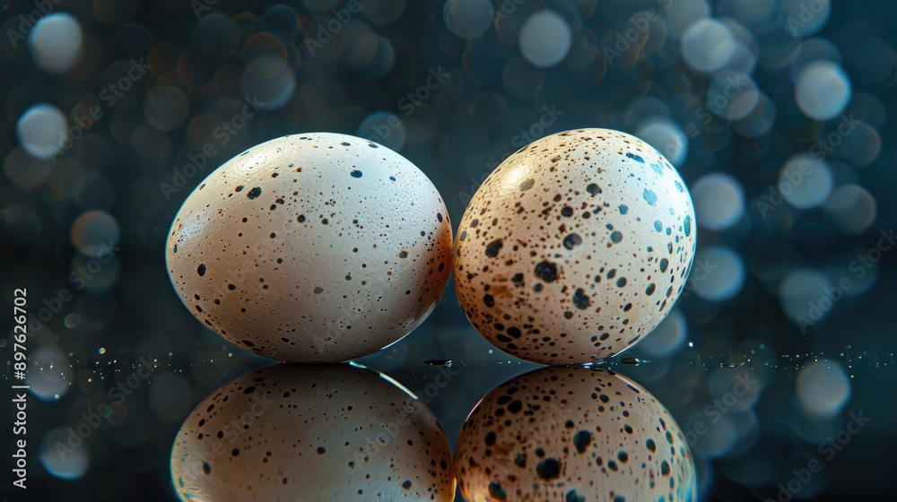 Two eggs with spots on a shiny dark surface Two eggs with spots on a shiny dark surface