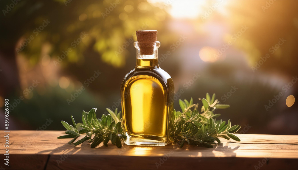 Luxurious olive oil bottle with gold cap on wooden table, fresh green herbs. Flavorful food dressing Luxurious olive oil bottle with gold cap on wooden table, fresh green herbs. Flavorful food dressing