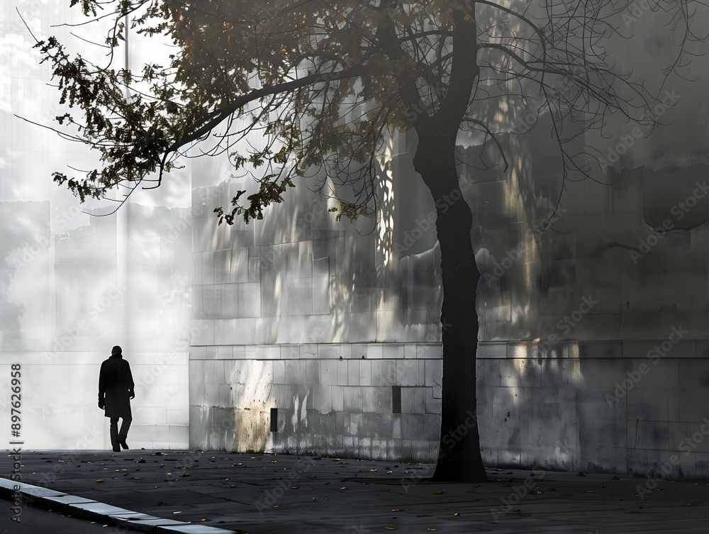 Street Photography of Man Walking in Front of Modernist White Concrete Building with Tree Shadows, Moody Sunlight, Autumn Morning Mist