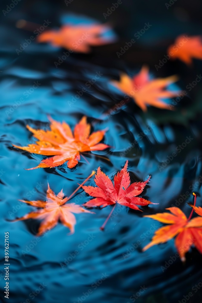 vibrant orange and red maple leaves gently floating on the surface of a dark, reflective body of water vibrant orange and red maple leaves gently floating on the surface of a dark, reflective body of water