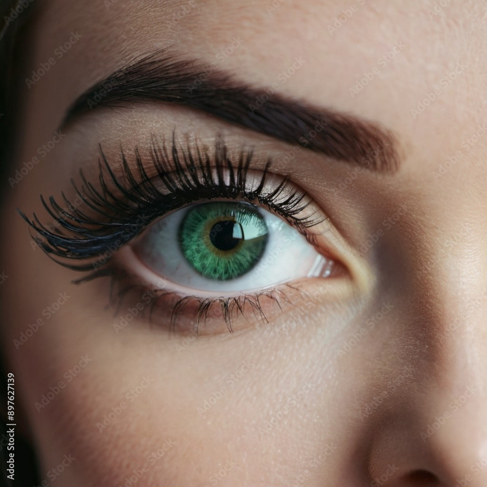 close-up of woman eye, featuring thick, dark eyeliner and long, dark lashes. Captivating and mysterious effect. The image highlights beauty of the eye, with its vibrant color and intricate details. close-up of woman eye, featuring thick, dark eyeliner and long, dark lashes. Captivating and mysterious effect. The image highlights beauty of the eye, with its vibrant color and intricate details.