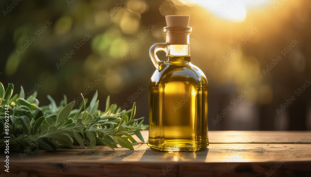 Luxurious olive oil bottle with gold cap on wooden table, fresh green herbs. Flavorful food dressing Luxurious olive oil bottle with gold cap on wooden table, fresh green herbs. Flavorful food dressing