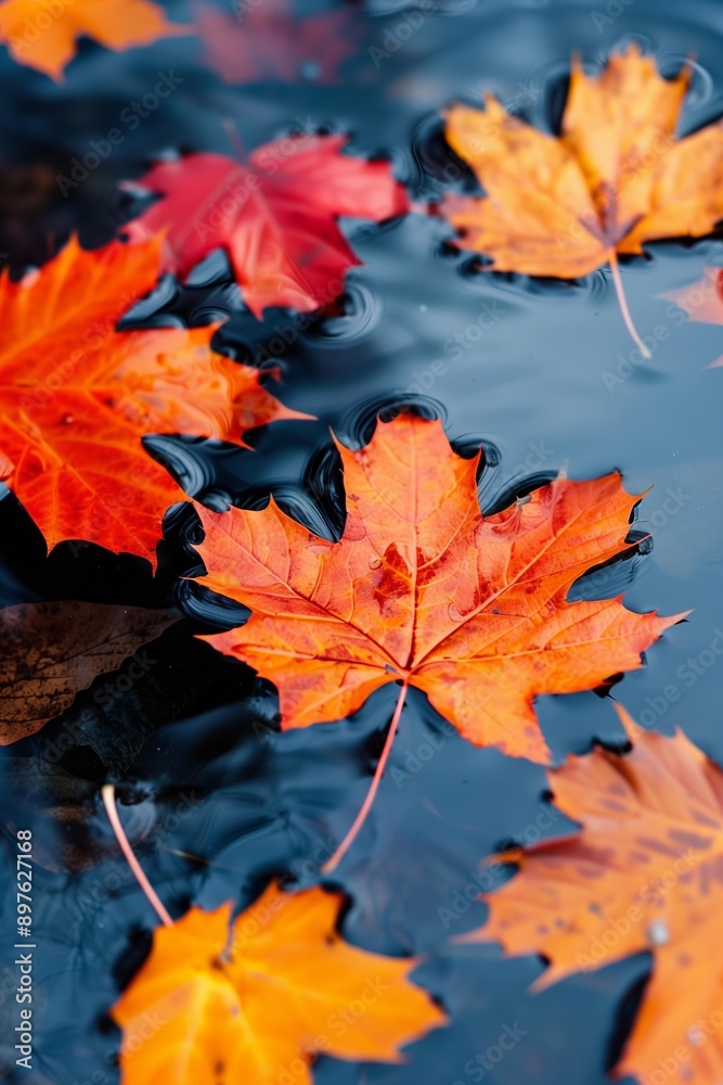 vibrant orange and red maple leaves gently floating on the surface of a dark, reflective body of water vibrant orange and red maple leaves gently floating on the surface of a dark, reflective body of water