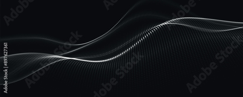 Futuristic dot wave. Abstract digital particle wave. Technology background. Black and white musical wave. Dark background. Digital background with smooth wavy curves. 3D vector illustration