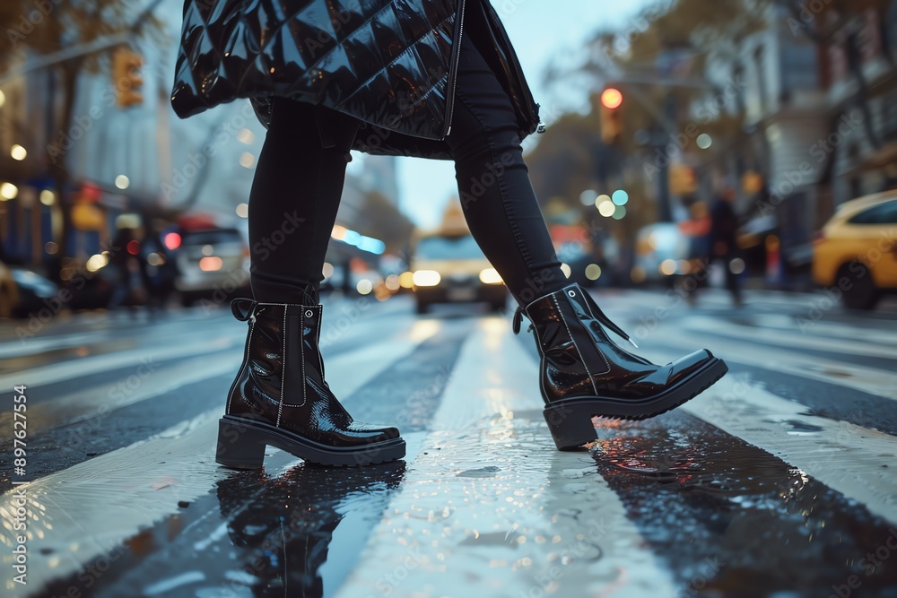 Obraz premium Person walking across a wet urban crosswalk in black leather boots, with a busy city street in the background.