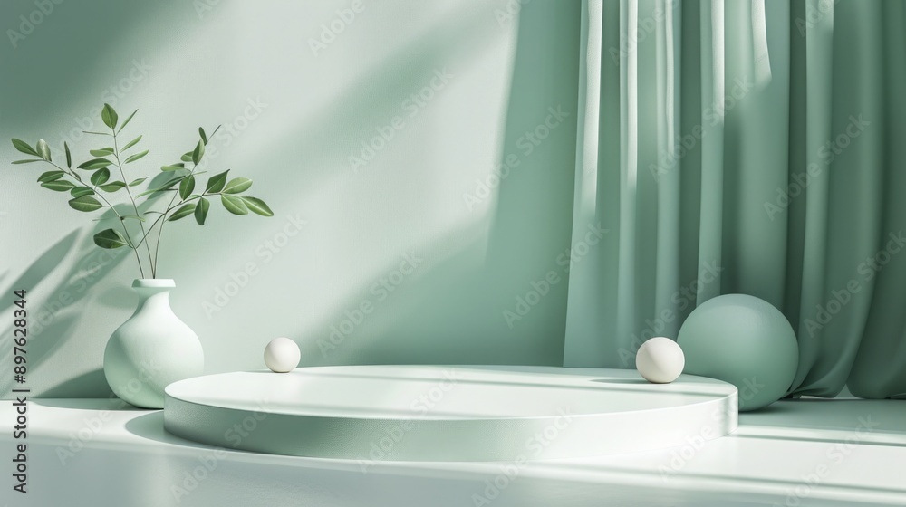 Elegant Mint Green Podium with Minimalistic Design and Soft Shadows for Cosmetic Display Elegant Mint Green Podium with Minimalistic Design and Soft Shadows for Cosmetic Display