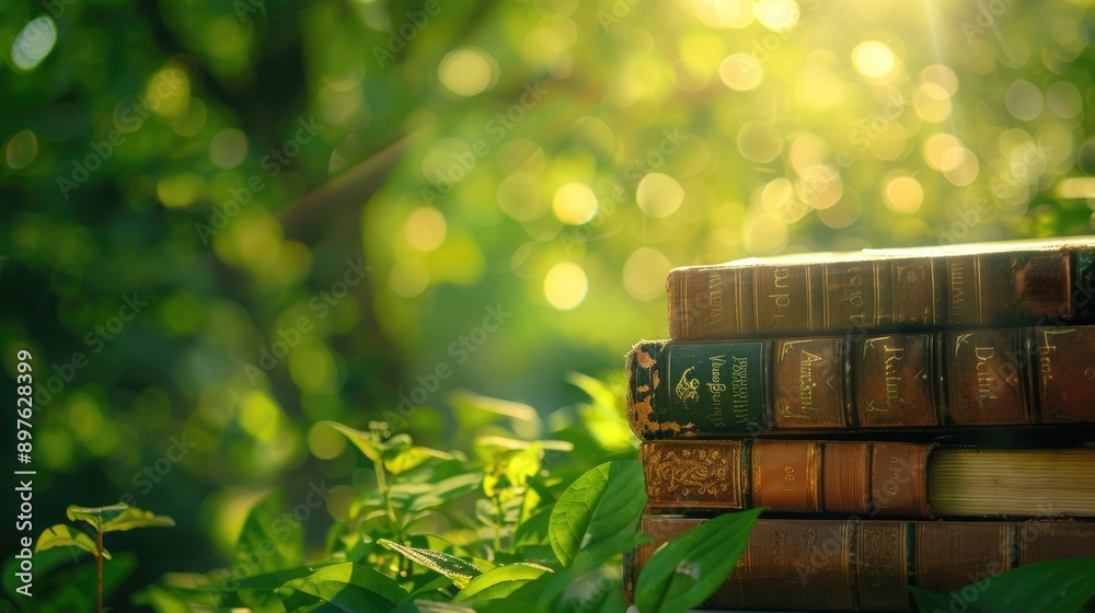 Fototapeta premium Close up of stack of old books with blurred green summer tree leaves and sun rays bokeh shallow focus area