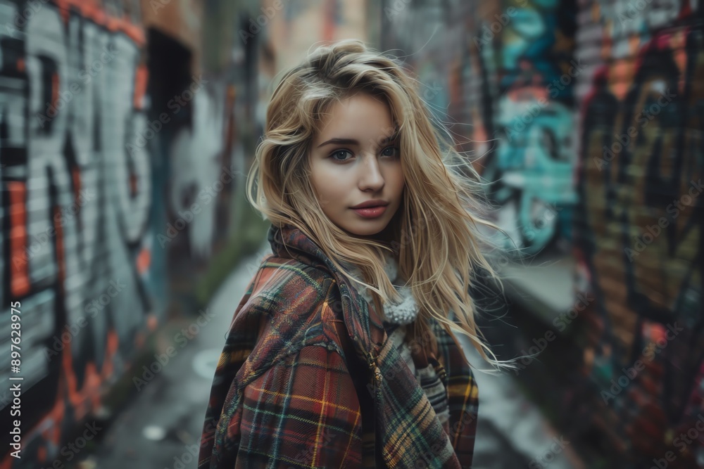Stylish woman in plaid coat posing in urban alley with colorful graffiti background. Stylish woman in plaid coat posing in urban alley with colorful graffiti background.