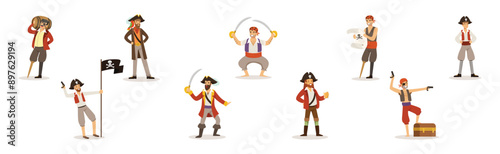 Man Pirate Character and Sea Robber Vector Set