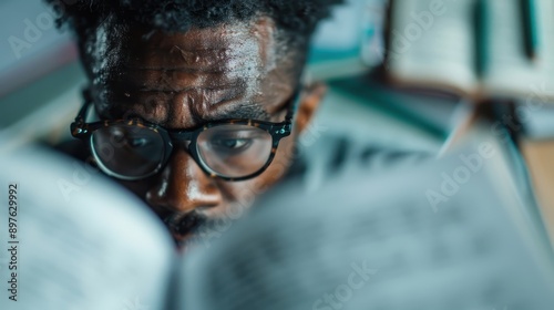 A detailed close-up of a person engrossed in reading a book, showing them wearing glasses and flipping through the pages, with books and study material in the background. photo