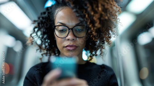 A woman with glasses and curly hair, deeply focused on her smartphone while riding a subway, dimly lit by the subway's lights, captured in a moment of concentration. photo