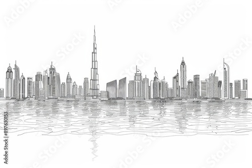 elegant continuous line drawing capturing dubais iconic skyline fluid strokes depict famous landmarks creating a harmonious blend of architecture and artistry in a single unbroken line photo