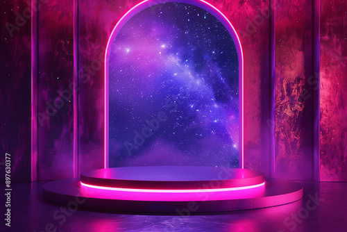 A dramatic, otherworldly stage with a glowing pink archway and a breathtaking star-filled background, ideal for premium brand displays and innovative marketing visuals.