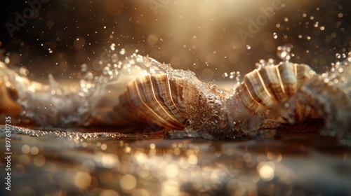 A detailed close-up of shells on the beach as waves and sea foam splash over them during the golden hour, highlighting the texture and beauty of the shells. photo