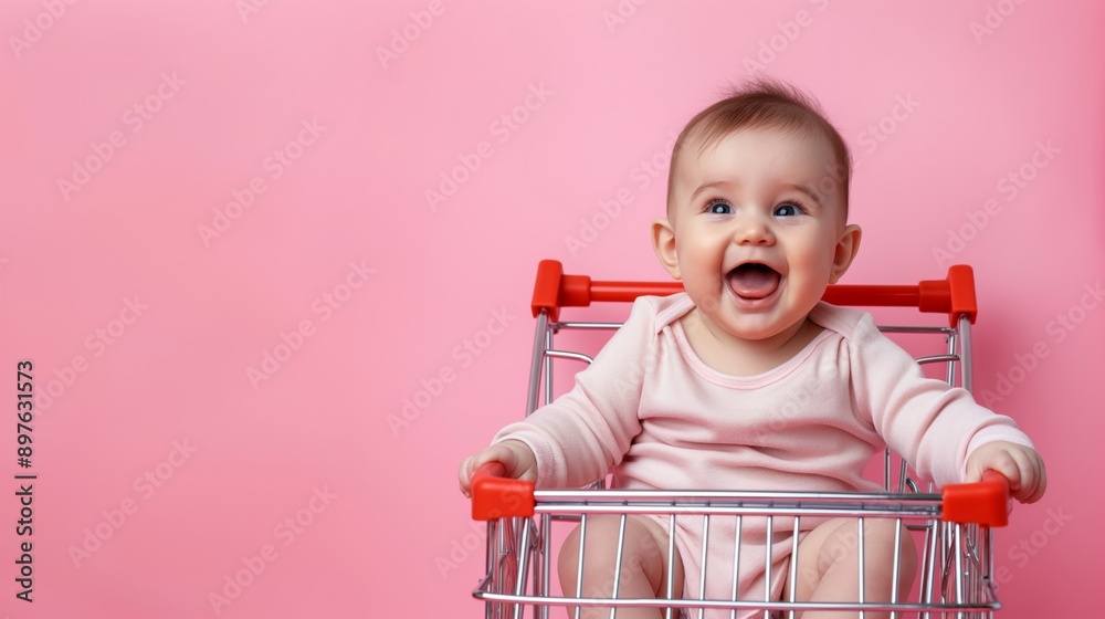 Adorable infant in shopping cart over pink studio background with empty space, supermarket shopping concept Adorable infant in shopping cart over pink studio background with empty space, supermarket shopping concept