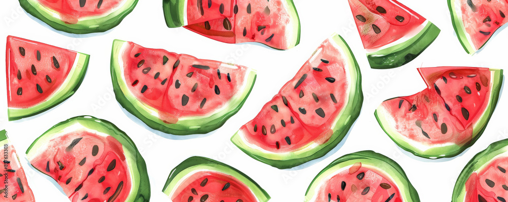 Seamless pattern featuring watermelon slices for background, offering a refreshing and summery look. Seamless pattern featuring watermelon slices for background, offering a refreshing and summery look.