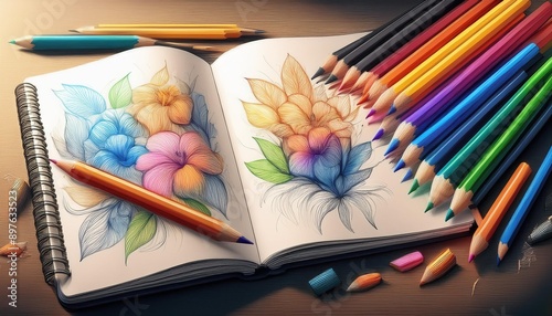 Drawing with colored pencils and sketchbook photo