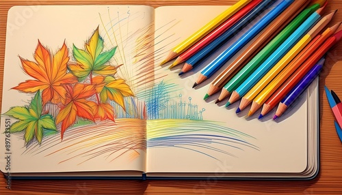 Drawing with colored pencils and sketchbook photo