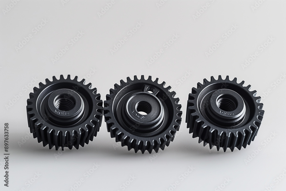 Close-up of three metal gears on a plain background. Close-up of three metal gears on a plain background.
