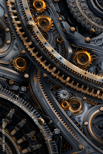 Close-up of intricate machinery with gears and metal. © connel_design