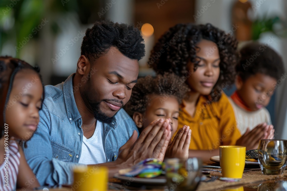 Close-up of a family praying together at the dinner table detailed textures and precision Close-up of a family praying together at the dinner table detailed textures and precision