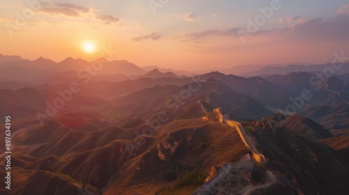 great wall china sunsetpanoramic view photo