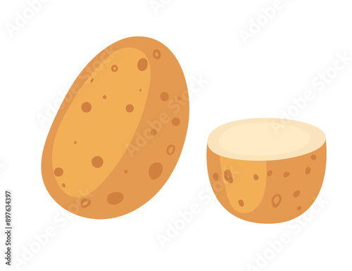 Whole and halved potato. Ripe food crop, natural organic vegetables. Potatoes tubers set. Flat vector illustration isolated on white background