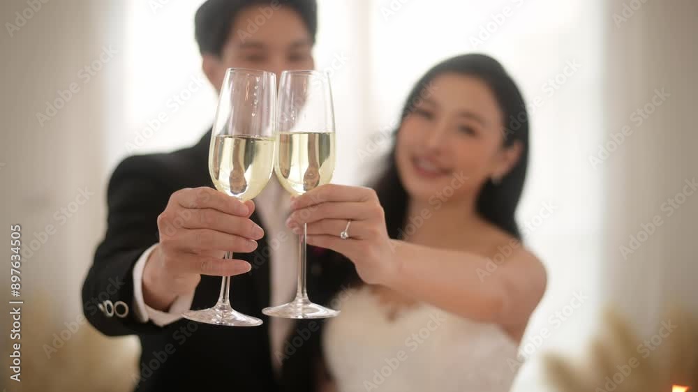 Bride and groom holding glasses of champagne at the wedding ceremony Bride and groom holding glasses of champagne at the wedding ceremony